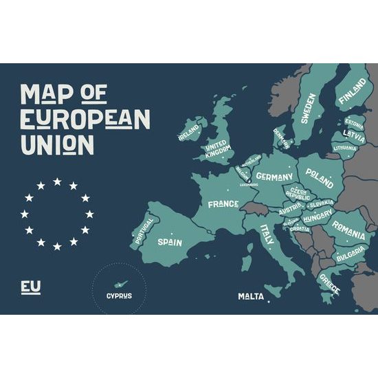 Obraz na korku mapa európskej únie s pomenovaním krajín