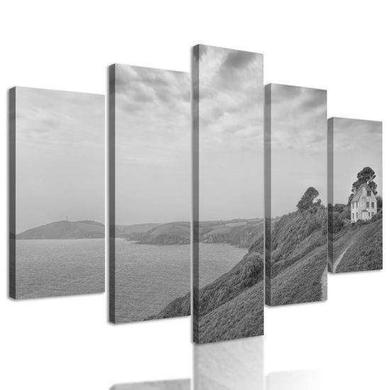 5-dielny obraz dom pri mori v čiernobielom prevedení