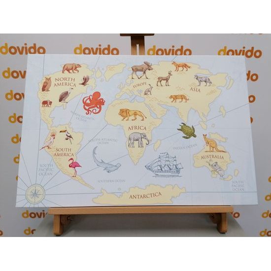 Obraz kreslená mapa sveta s zvieratami