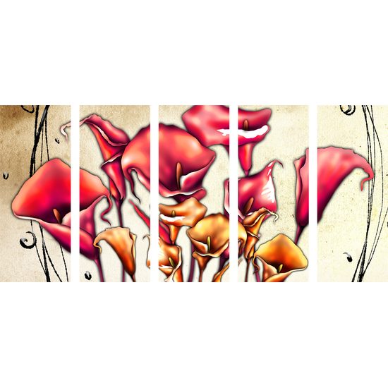 5-dielny obraz nevšedné kvety v abstraktnom prevedení