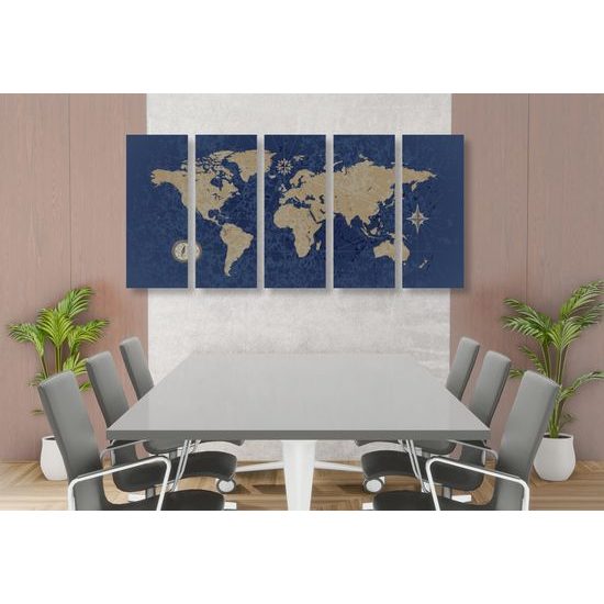 5-dielny obraz vintage mapa sveta v modrom prevedení