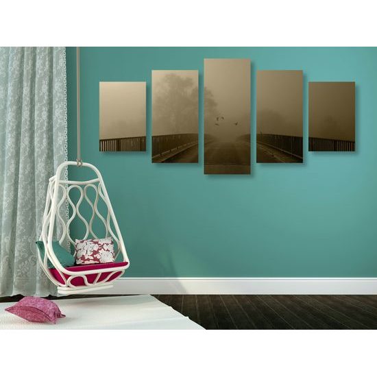 5-dielny obraz most zahalený hmlou v sépiovom prevedení