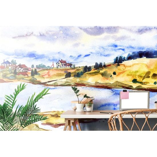 Originálna samolepiaca tapeta maľba dediny na brehu rieky