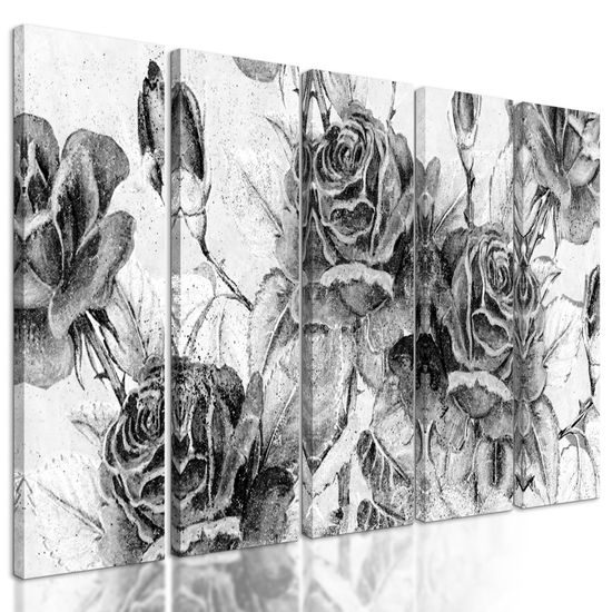 5-dielny obraz divé ruže v čiernobielom prevedení