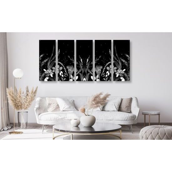 5-dielny obraz lúka plná kvetov v čiernobielom prevedení