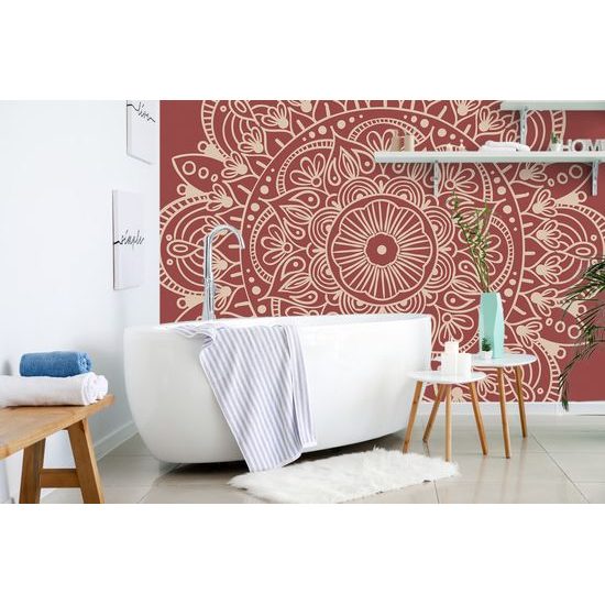 Tapeta biela Mandala doplnená bordovou farbou