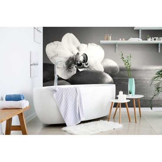 Samolepiaca fototapeta zen kamene s orchideou v čiernobielom prevedení