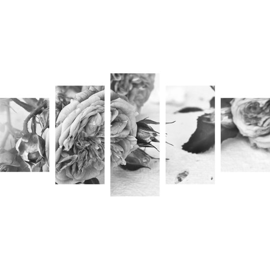5-dielny obraz jemnosť ruží v čiernobielom prevedení