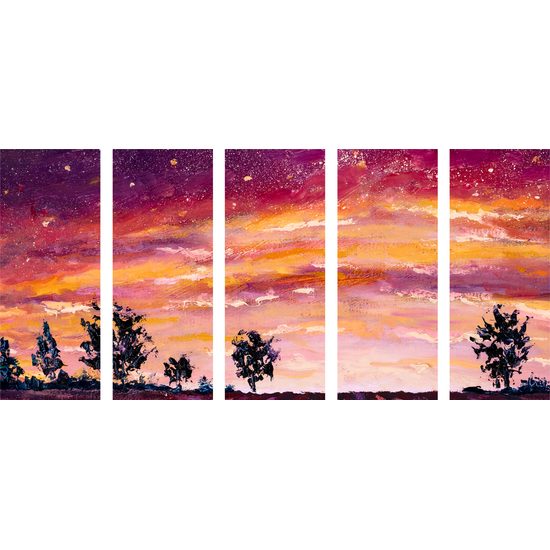 5-dielny obraz maľba zapádajúceho slnka za pole
