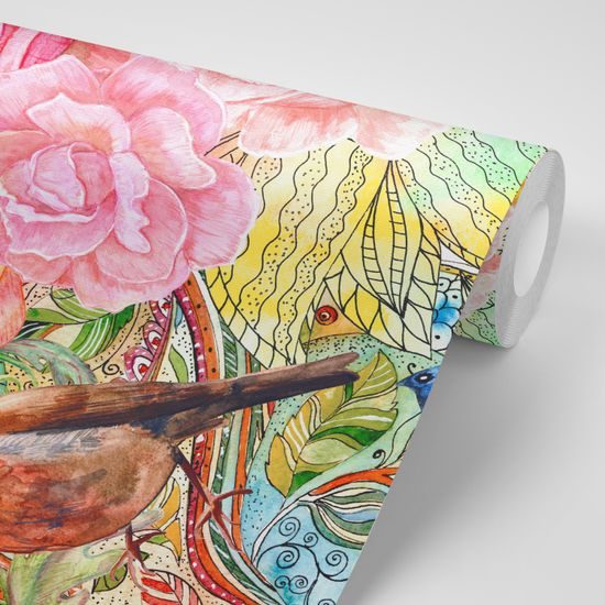 Samolepiaca tapeta vtáčik s motýľmi vo vintage prevedení