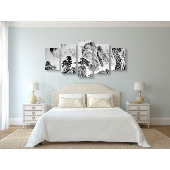5-dielny obraz maľba činskej prírody v čiernobielom prevedení