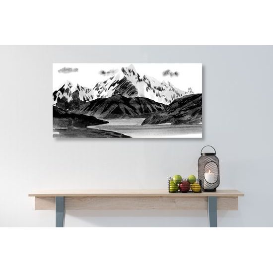 Obraz čiernobiela maľba rieky uprostred hôr