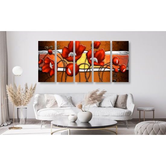 5-dielny obraz červené maky vo vintage prevedení