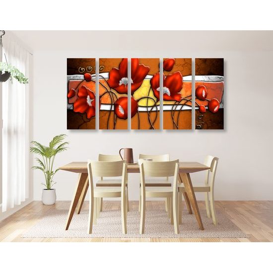 5-dielny obraz červené maky vo vintage prevedení