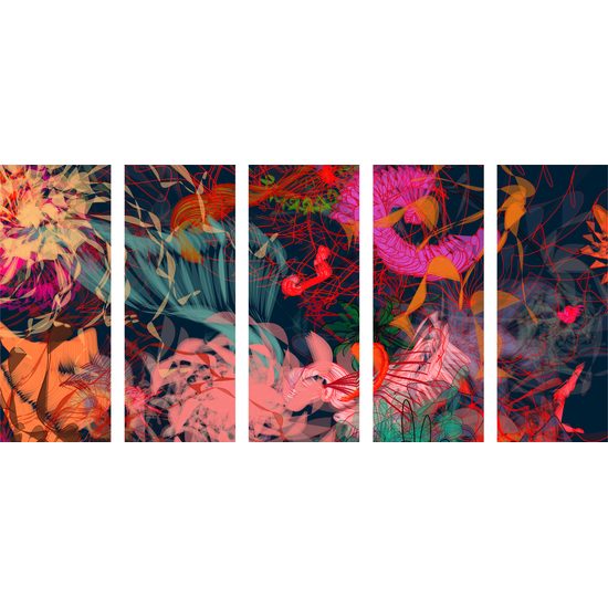 5-dielny obraz exotické kvety v abstraktnom prevedení