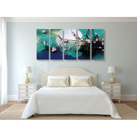 5-dielny obraz vtáčiky lietajúce za splnu mesiaca