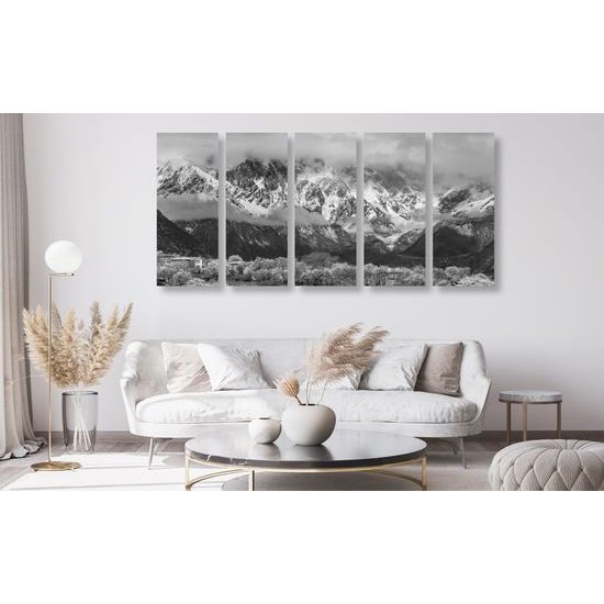 5-dielny obraz pohľad na nezabudnuteľnú krajinku v čiernobielom prevedení