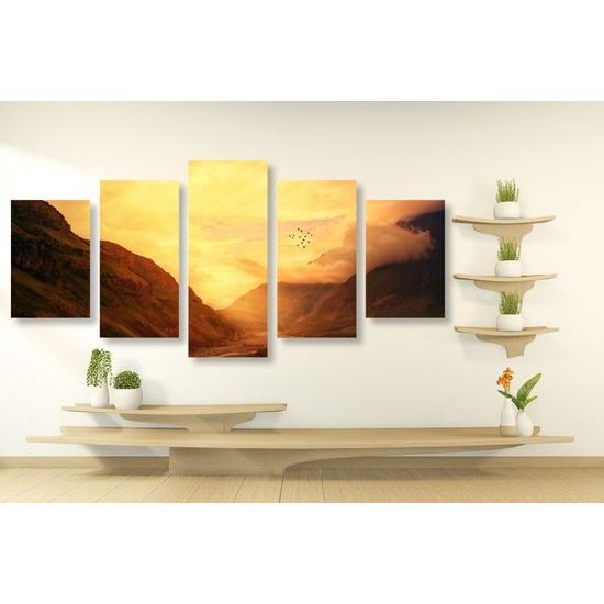 5-dielny obraz slnko zapadajúce za kopce