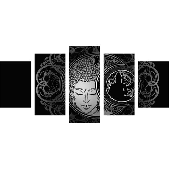 5-dielny obraz vyrovnaný Budha v čiernobielom prevedení
