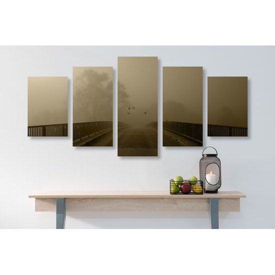 5-dielny obraz most zahalený hmlou v sépiovom prevedení