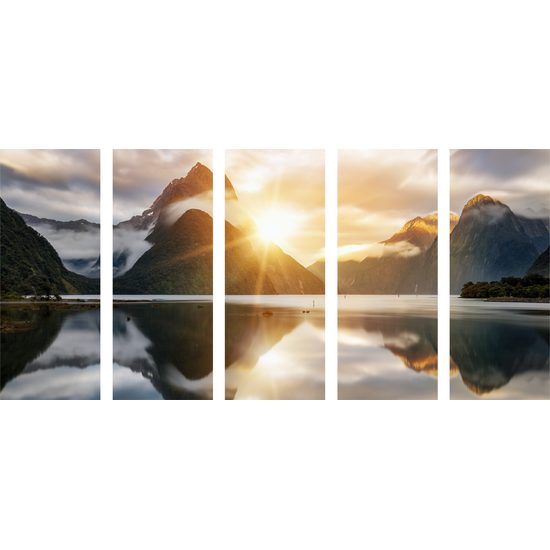 5-dielny obraz východ slnka nad jazerom na Novom Zélande