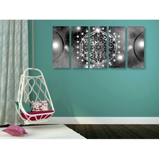 5-dielny obraz okúzľujúca Mandala v čiernobielom prevedení