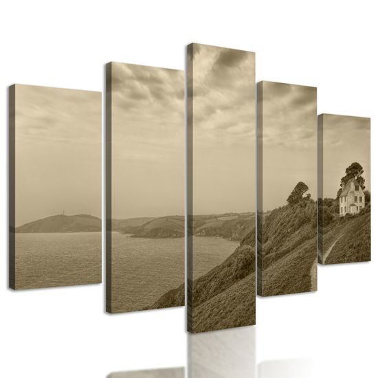 5-dielny obraz dom pri mori v sépiovom prevedení