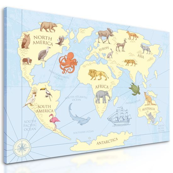 Obraz kreslená mapa sveta s zvieratami