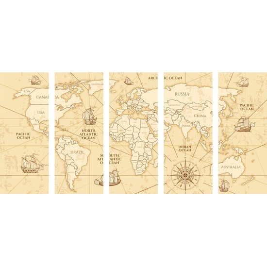5-dielny obraz mapa sveta so starými obchodnými cestami