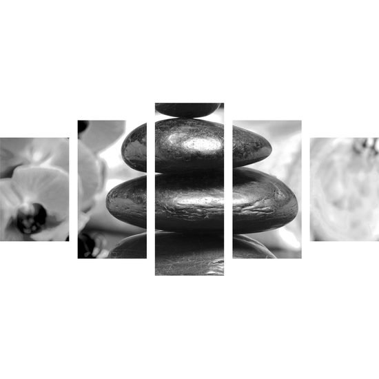 5-dielny obraz meditačné Zen kamene v čiernobielom prevedení