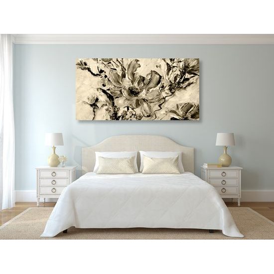 Obraz maľovaná abstrakcia kvetu v sépiovom prevedení