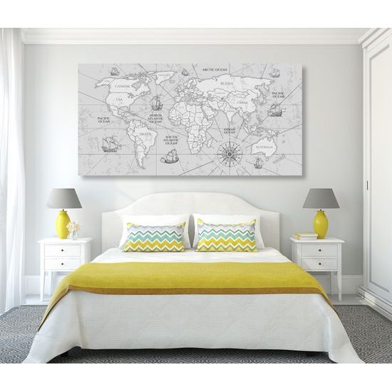 Obraz čiernobiela mapa sveta so starými obchodnými cestami