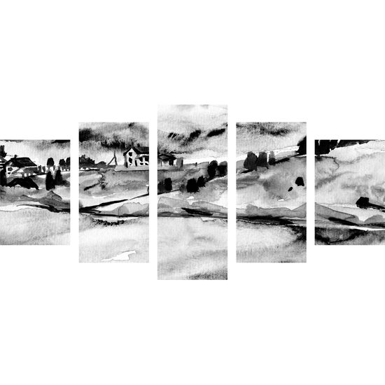 5-dielny obraz akavarelové Talianske mestečko v čiernobielom prevedení