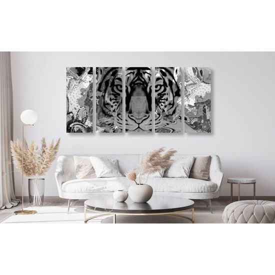 5-dielny obraz abstraktný tiger v čiernobielom prevedení