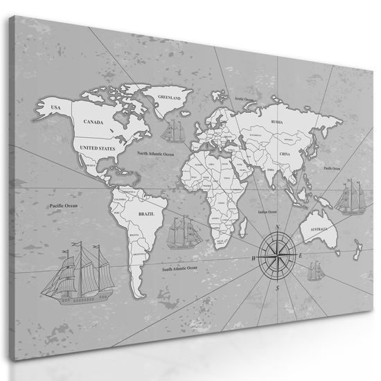 Obraz čiernobiela mapa sveta pre dobrodruhov