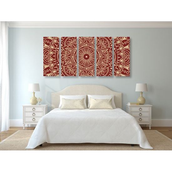 5-dielny obraz biela Mandala doplnená bordovou farbou