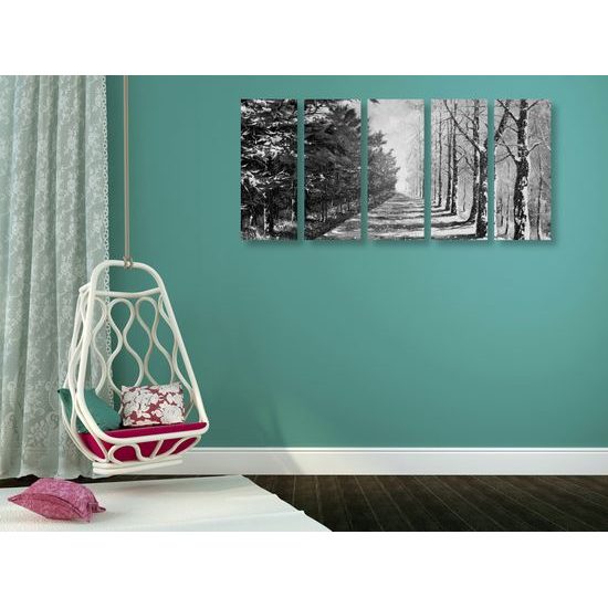 5-dielny obraz zasnežená alej v čiernobielom prevedení