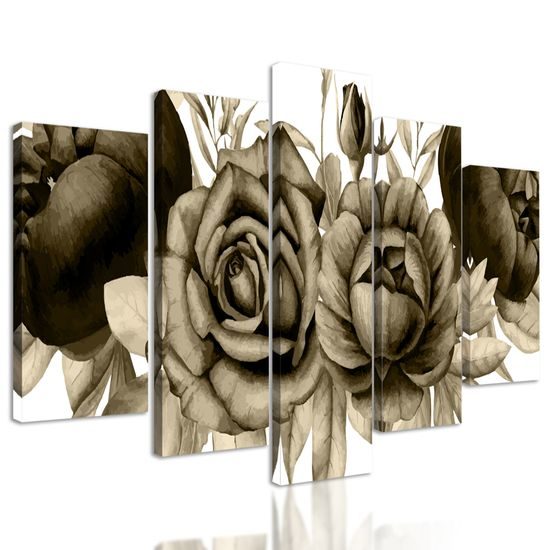 5-dielny obraz nežné splynutie ruží a listov v sépiovom prevedení