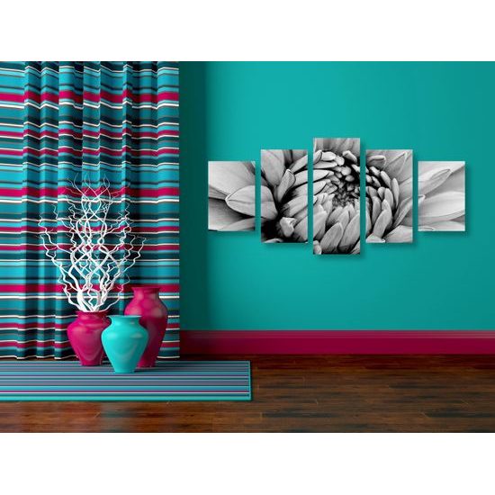 5-dielny obraz perfektný detail na kvet dálie v čiernobielom prevedení