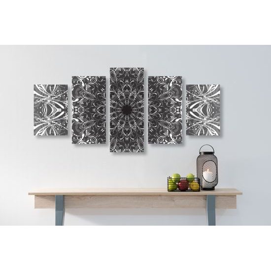 5-dielny obraz Mandala v čiernobielom prevedení