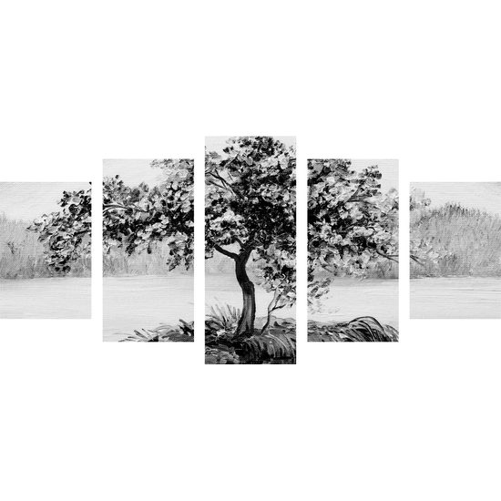 5-dielny obraz samotná čerešňa v čiernobielom prevedení