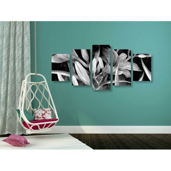5-dielny obraz pôvabná maľovaná ľalia v čiernobielom prevedení