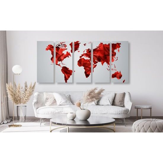 5-dielny obraz mapa sveta tovrená polygonmi v červenom prevedení