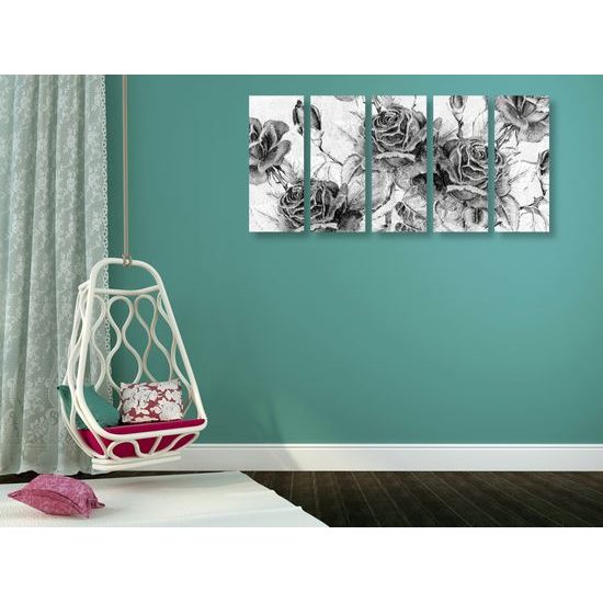 5-dielny obraz divé ruže v čiernobielom prevedení