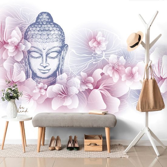 Tapeta pokojný Budha s kvetmi čerešne