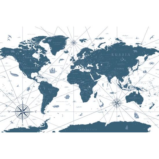 Obraz mapa sveta s historickým nádychom v modrom prevedení