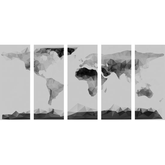 5-dielny obraz mapa sveta tvorená mnohouholníkmi v čiernobielom prevdení