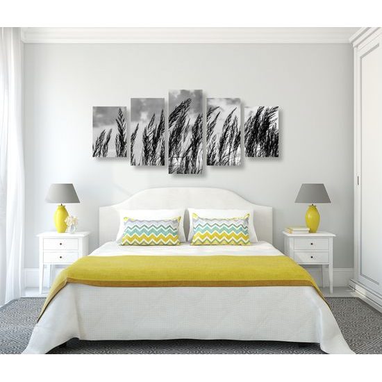 5-dielny obraz poľná tráva s nebeským pozadím v čiernobielom prevedení