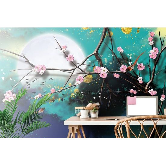 Samolepiaca tapeta konáre s ružovými kvetmi za splnu mesiaca