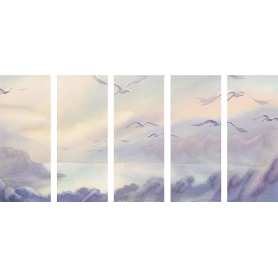 5-dielny obraz odlietajúce vtáky nad jazerom